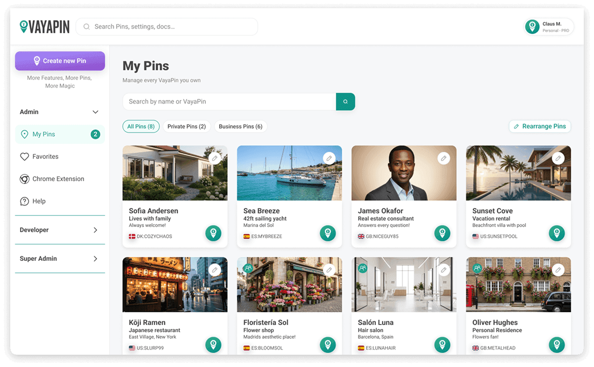 VayaPin web dashboard showing a grid of community project cards and a sidebar navigation menu.