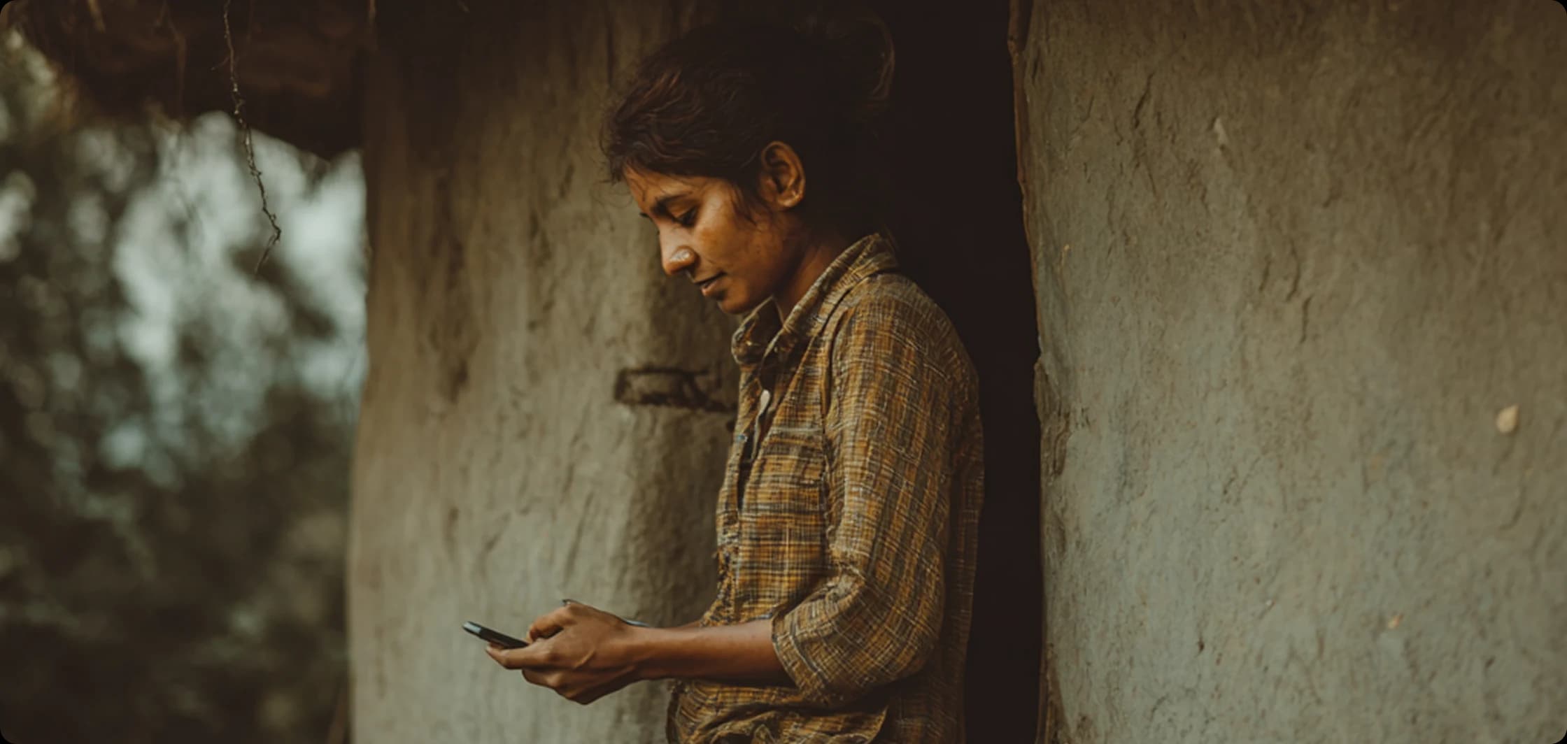 A young woman in a plaid shirt stands in the doorway of a mud-walled building, looking down at a mobile device in her hands.